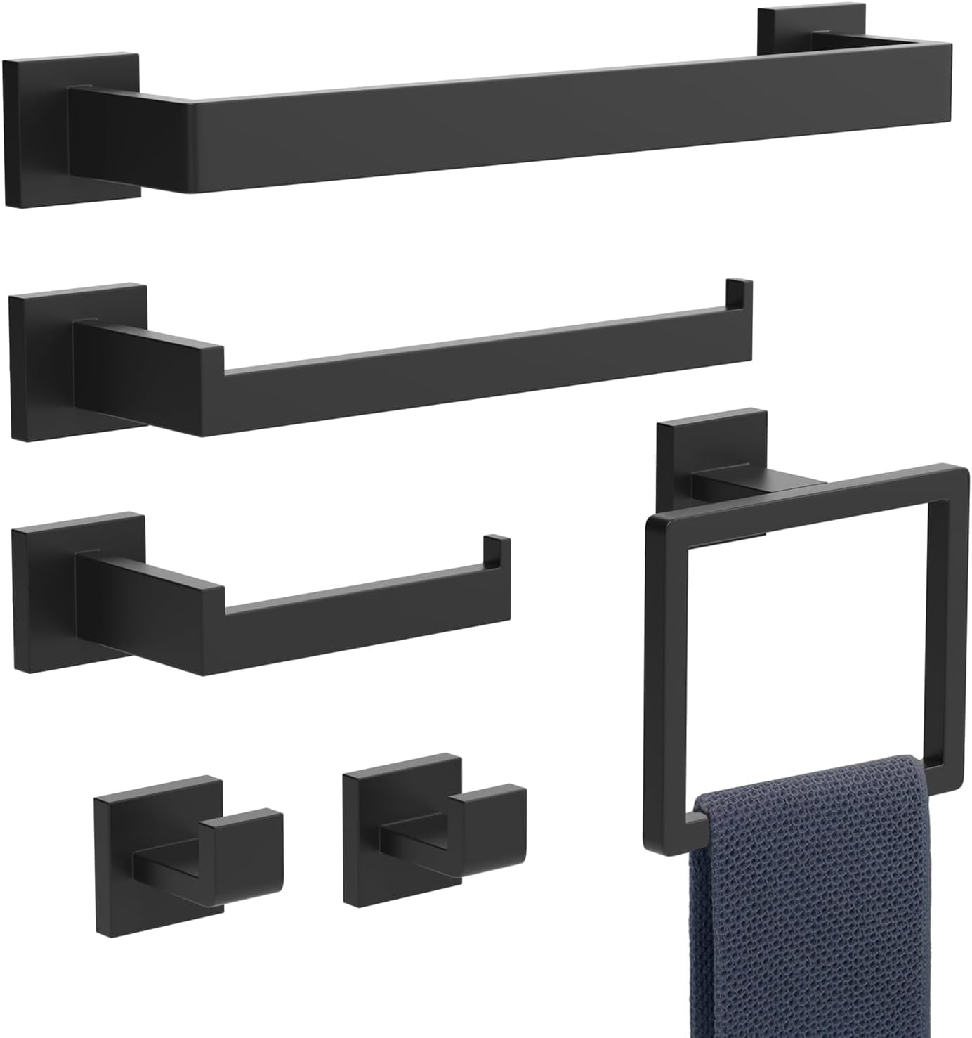 6-Piece Matte Black Bathroom Hardware Set, Heavy Duty Bath Towel Bar ...