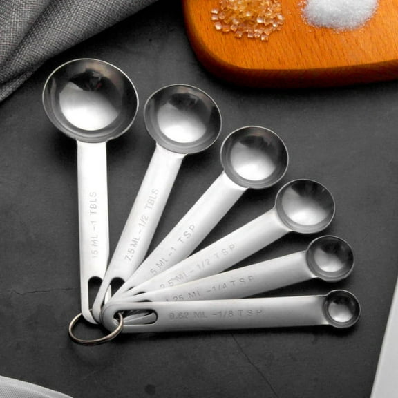 6-Piece Measuring Spoon Set Stainless Steel Spoon Round Durable Mirror Polished 1/8 TSP, 1/4 TSP, 1/2 TSP, 1 TSP, 1/2 TBLS & 1 TBLS Measure Spoons for Cooking Baking Silver