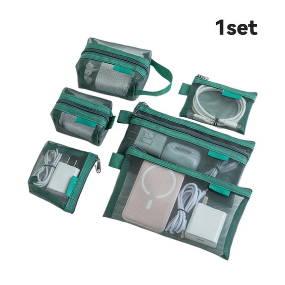 6-Piece Mesh Zipper Pouch Set, See-Through Travel Storage Organizer Bags, Green