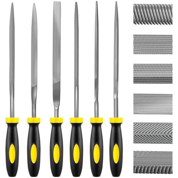 6-Piece Metal Needle File Set - Hardened Alloy Steel | Includes Flat, Warding, Square, Triangular, Round, and Half-Round Files, Ergonomic Handles, For Wood, Metal & Jewelry