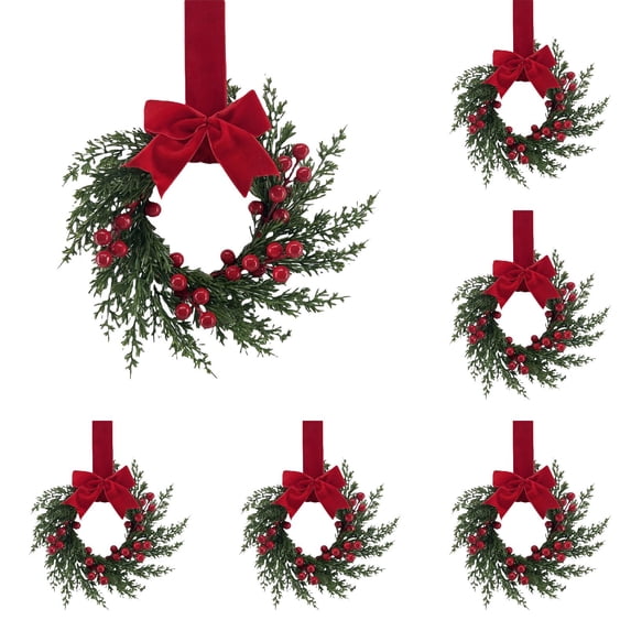 6-Piece Mini Christmas Wreaths for Kitchen Cabinets, 10.23-Inch Red Berry Wreaths with Ribbon Bows for Windows, Doors, Fireplace and Holiday Home Decor