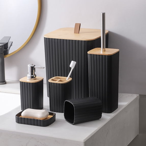 6-Piece Modern Bathroom Accessory Set - Complete Toilet Brush Soap Dispenser Trash Can Combo - Plastic Bath Organization Kit for Home Decor