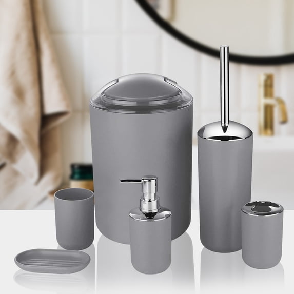 6 Piece Modern Bathroom Accessory Set | Soap Dispenser, Toothbrush Holder, Toilet Brush & Trash Can | Eco-Friendly PP Plastic | White, Black, Gray, Coffee, Beige