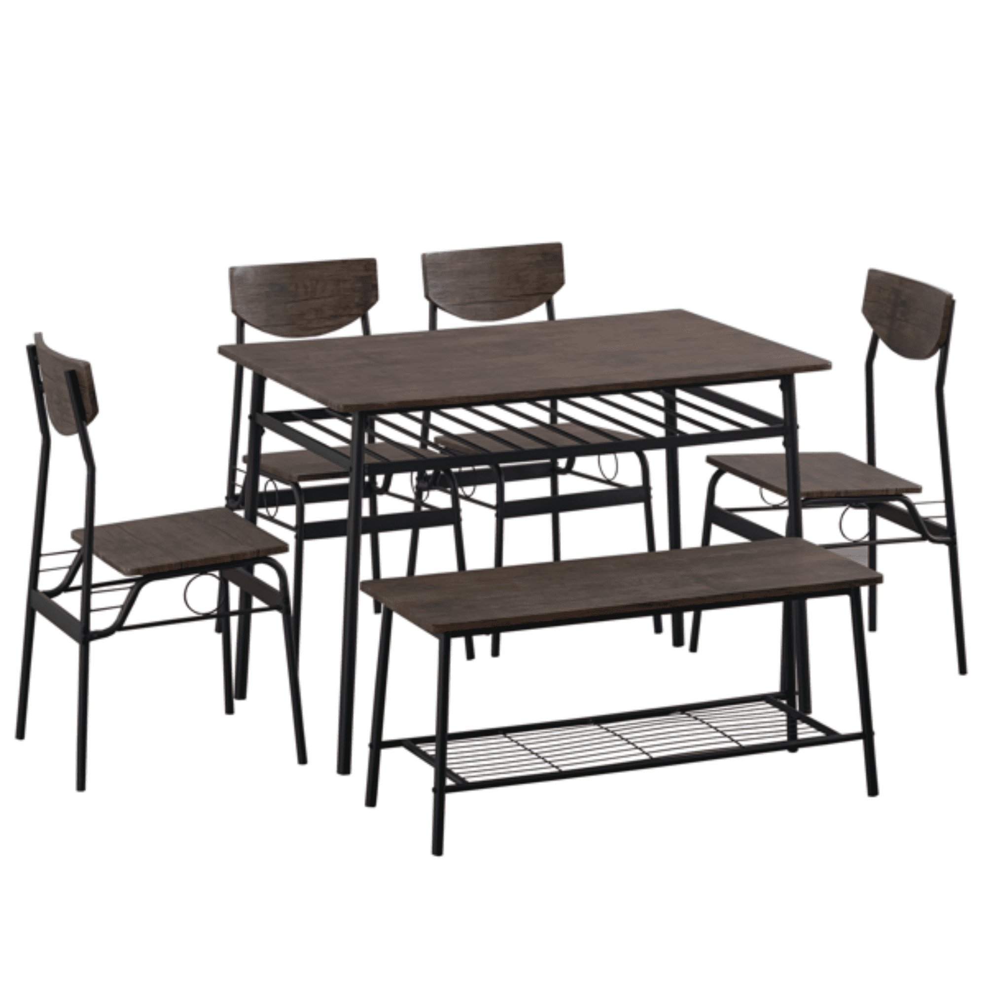 6-Piece Modern Dining Set for Home, Kitchen, Dining Room with Storage Racks, Rectangular Table, Bench, 4 Chairs, Steel Frame - Deep Elm Color