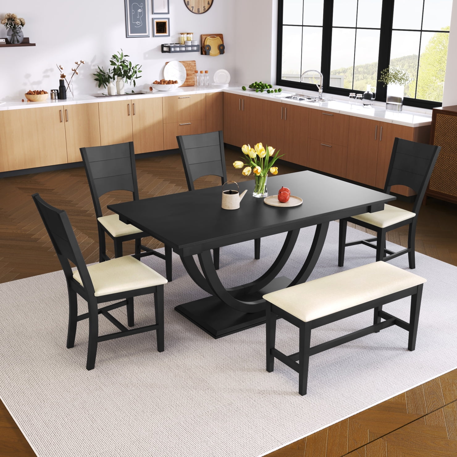 6 Piece Modern Dining Table Set Half Round Shaped Base Kitchen Table with 4 Linen Upholstered Chair and 1 Bench Solid Wood Dining Room Table Set for