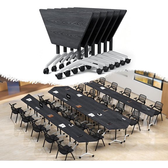 6-Piece Modular Folding Conference Table Set,Fan-Shaped Trapezoidal Training Tables with Wheels,Flip Top Mobile Office Classroom Tables,Light Oak (DarkGray, Trapezoidal, 2)