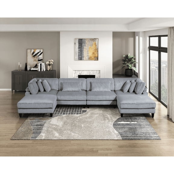 6-Piece Modular Sectional Set - Gray Corduroy, 2 Armless Chairs, 2 Corner Seats & 2 Ottomans for Living Room