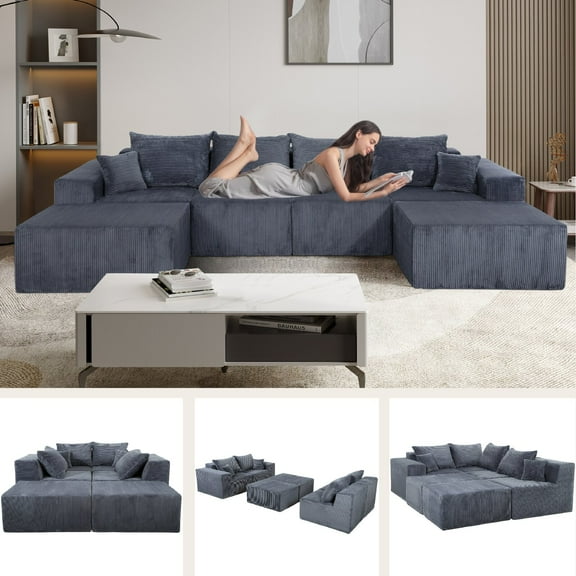 6-Piece Modular U-Shaped Sectional Sofa in Gray, Convertible Oversized Couch with Chaise Lounge, No Assembly Needed, Soft Corduroy Upholstery, Modern Family Living Room Furniture, Grey