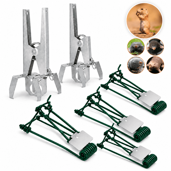 6-Piece Mole and Gopher Trap Set, 2 Spring-Loaded Scissor Mole Traps and 4 Steel Wire Gopher Traps with Trigger Plates for Lawn, Garden and Yard