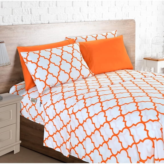 6-Piece Moroccan Trellis Print Sheet Set, Super Cozy, Fade and Wrinkle Resistant, 1500 Premium Hotel Quality Microfiber, Deep Pocket Fitted Sheet with Smart Pockets, Queen, Orange