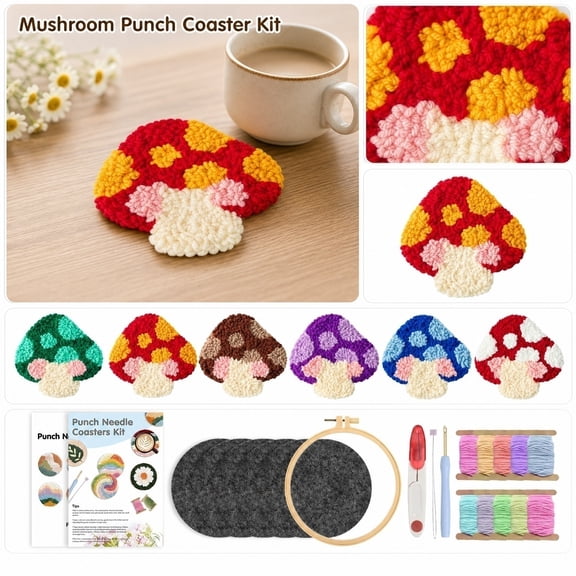 6-Piece Mushroom Punch Needle Coaster Diy Kit, Punch Needle Embroidery Kit, Adult Craft Kit, Place Mats Set of 6, 4X4 in Full Material Package with 6 Unique Mushroom Pattern