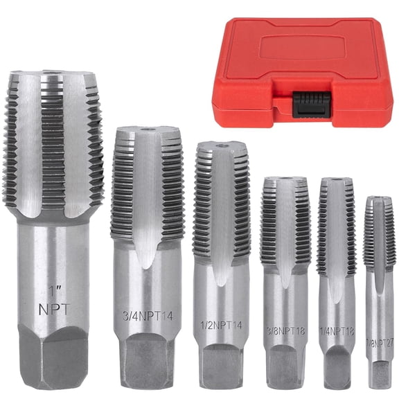 6-Piece NPT Pipe Tap Set, 1", 3/4", 1/2", 3/8", 1/4", 1/8" Taps Threading Tool, Precision Bearing Steel Tap Set Metric and Standard for Clean and Re-Thread Damaged or Jam Pipe Threads in Storage Case