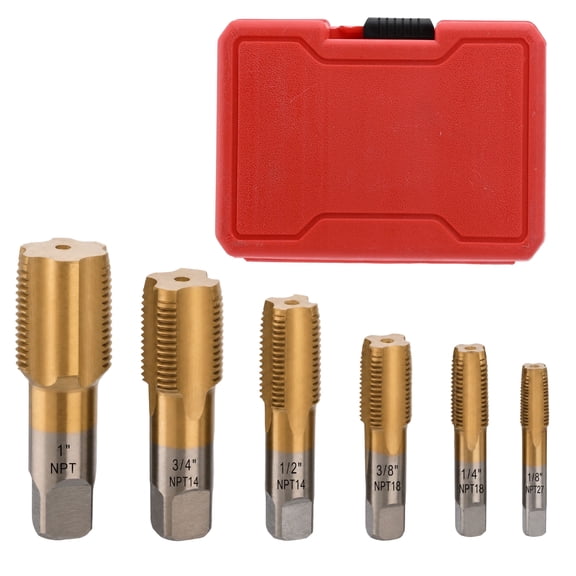 6-Piece Npt Pipe Tap Set, 1/8" 1/4" 3/8" 1/2" 3/4" 1" Steel Titanium-Coated Pipe Thread Taps Set with Case