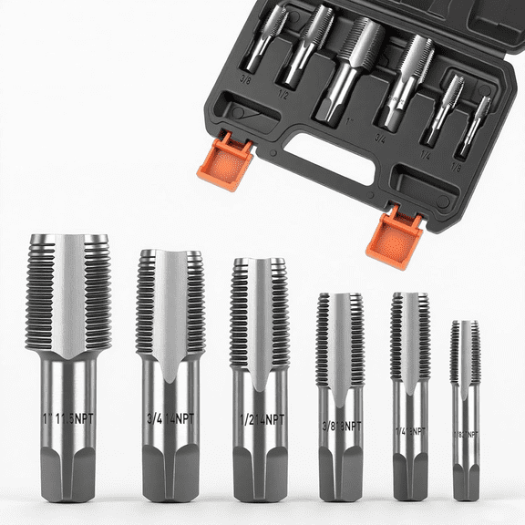 6-Piece NPT Pipe Tap Set, Carbon Steel Threading Tool Kit for Pipe Taper Threads
