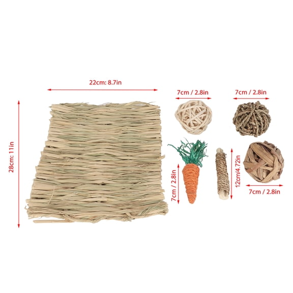 6-Piece Natural Grass Chew Toy Set for Small Animals - Includes Woven Mat, Water Hyacinth Ball, Corn Leaf Bamboo Roll, Carrot & Grass Ball for Hamsters Rabbits Guinea Pigs Pig