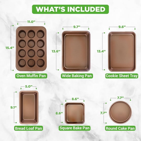 6-Piece Nonstick Bakeware Set, Carbon Steel Baking Pans with Gold Finish for Cookies Cakes Bread