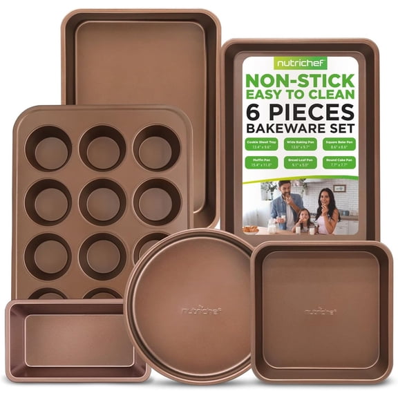 6-Piece Nonstick Bakeware Set - Premium Carbon Steel Baking Pans - Includes Cookie Sheets, Square & Round Roasting Pans, 12-Cup Muffin & Loaf Pan - Easy to Clean, Gold