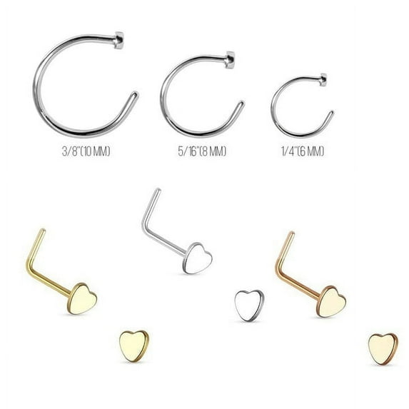 6-Piece Nose Piercing Package, 3 nose rings and 3 Heart Design nose Stud