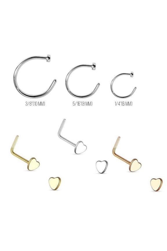 6-Piece Nose Piercing Package, 3 nose rings and 3 Heart Design nose Stud