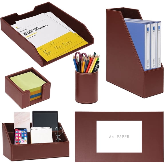 6 Piece Office Supplies/Desk Organizer Set with Desktop Leather Writing Pad,File Paper Tray,Magazine folder Holder, Pen Cup,Sticky Note Holder,Letter Mail Sorter,Workspace Decor for Women Men Brown