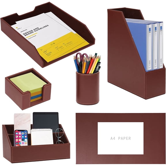 6 Piece Office Supplies/Desk Organizer Set with Desktop Leather Writing Pad,File Paper Tray,Magazine folder Holder, Pen Cup,Sticky Note Holder,Letter Mail Sorter,Workspace Decor for Women Men Brown