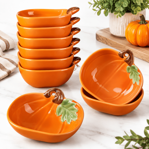 6-Piece Orange Pumpkin Ceramic Serving, 6 Oz, For Kitchen Baking, Dips, And Holiday Use