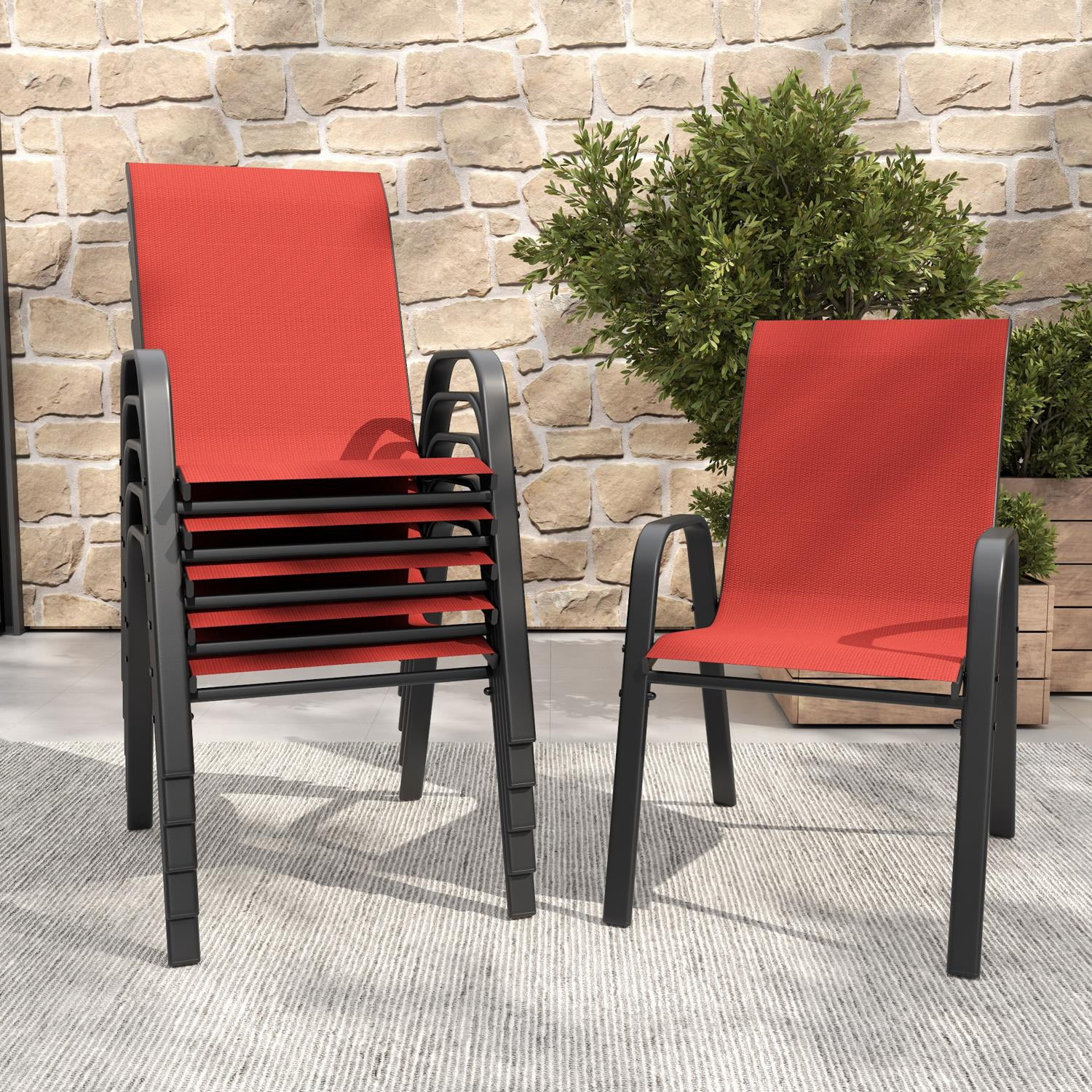 6-Piece Outdoor Dining Chair Set with Wide Ergonomic Seat, 350 lb Capacity per Chair Heavy Duty Metal Frame, Waterproof Teslin Fabric for Patio Garden Backyard, Black+Red