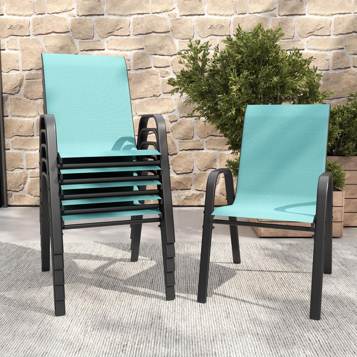 6-Piece Outdoor Dining Chair Set with Wide Ergonomic Seat, 350 lb Capacity per Chair Heavy Duty Metal Frame, Waterproof Teslin Fabric for Patio Garden Backyard, Sky Blue