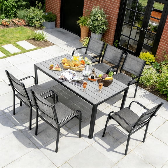 6 Piece Outdoor Dining Set, Patio Dining Table Set,Includes a Plastic-Wood Tabletop and Two Teslin Fabric Swivel Chairs, Suitable for Patios and Patios.
