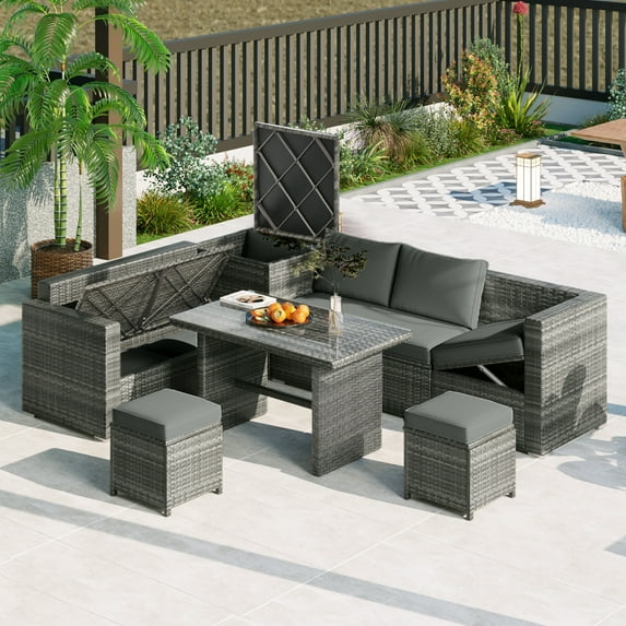 6-Piece Outdoor Furniture Set All Weather Rattan Sectional Sofa Set, Outdoor Conversation Set with Adjustable Seat, Storage Box, Removable Covers, Grey