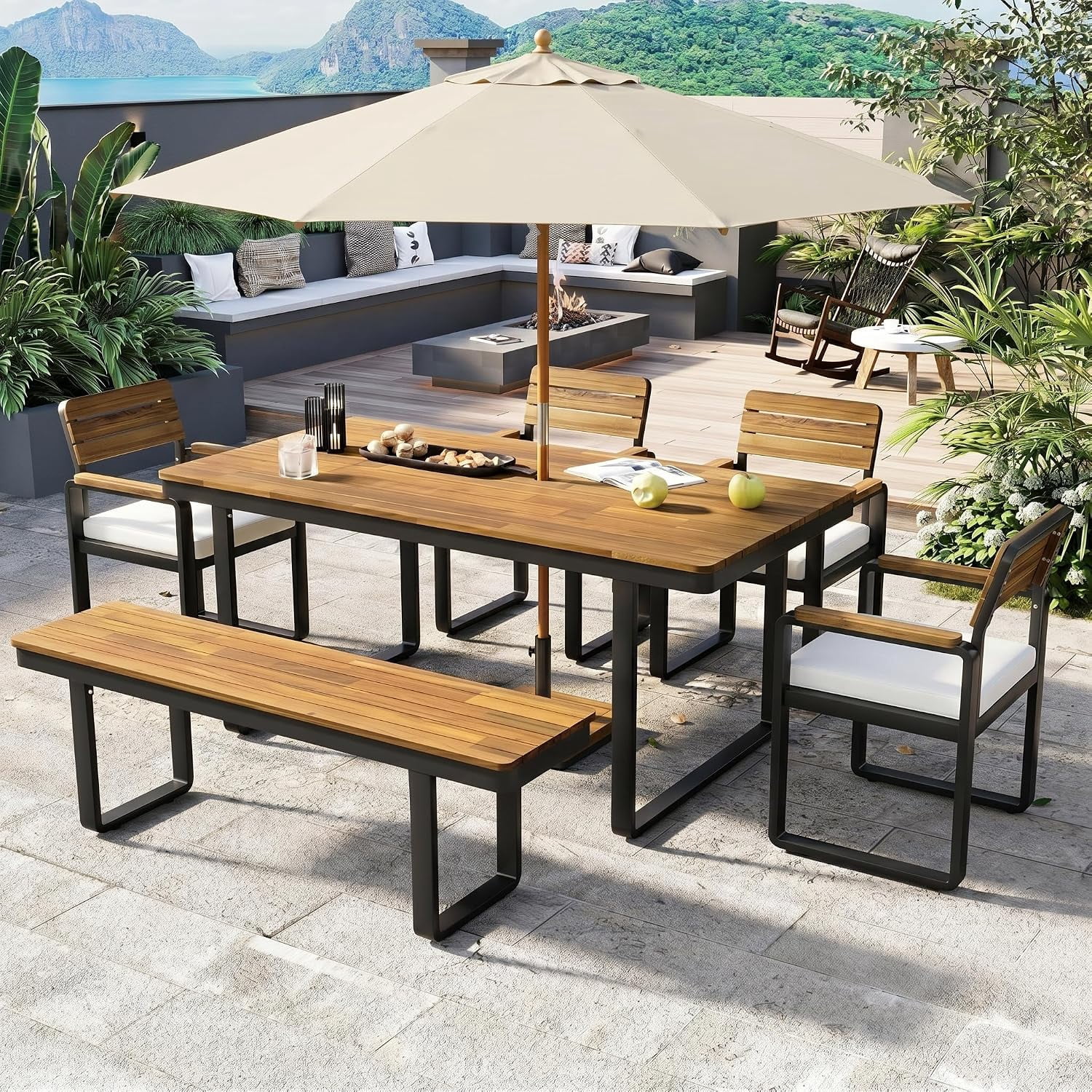 6-Piece Outdoor Patio Dining Set, Acacia Wood Table with 4 Chairs & Bench, Beige Cushions Seats 6-7 for Backyard Garden