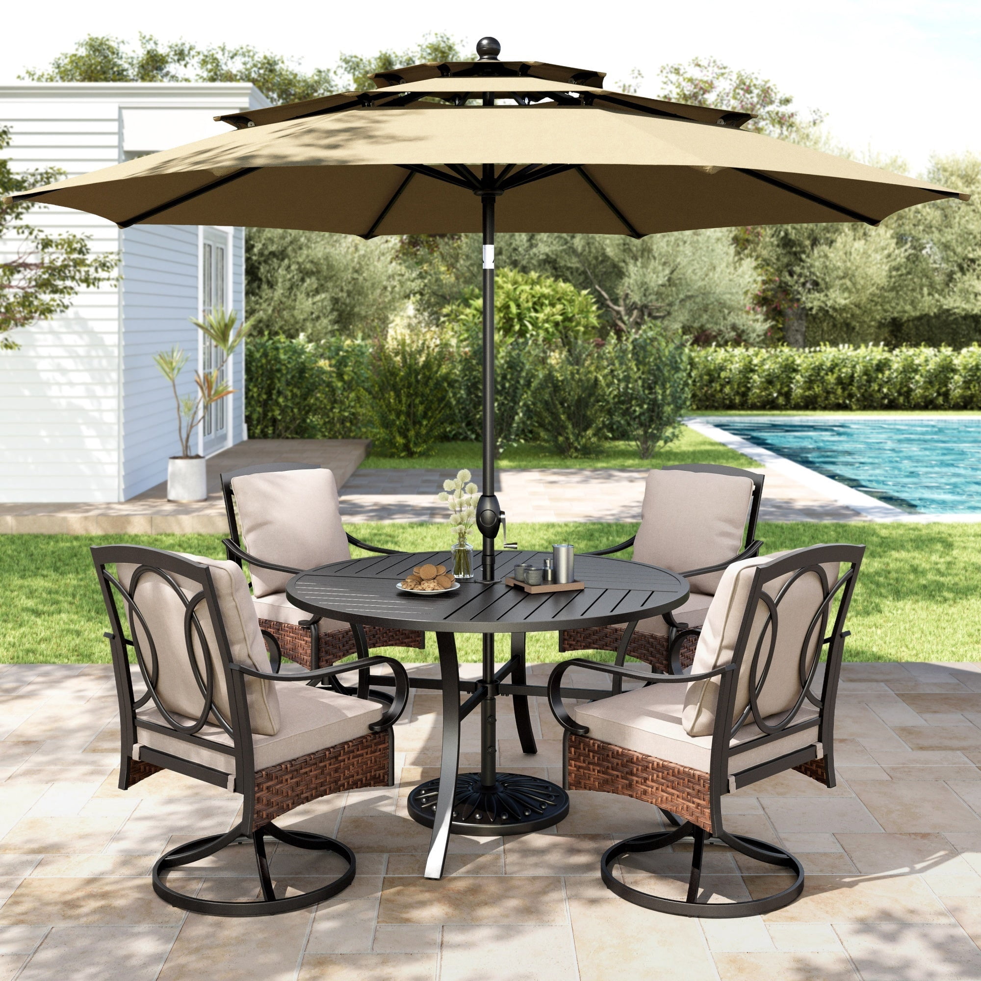 6-Piece Outdoor Patio Dining Set with 3 Tiers 10FT Beige Umbrella, Round Patio Table and Swivel Chairs with Seat & Back Cushions for 4 People