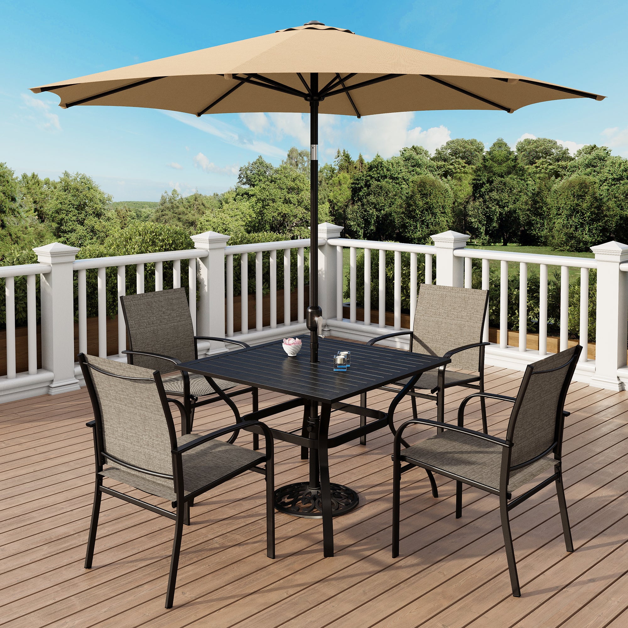 6-Piece Outdoor Patio Dining Set with Metal Steel Square Table & 4 Textilene Chairs & 9ft Patio Beige Umbrella, Black & Gray
