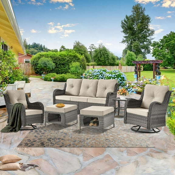 6 Piece Outdoor Patio Furniture Set Grey Wicker Patio Furniture-Wicker Swivel Rocker Patio Chairs with Outdoor Ottoman and Wicker Outdoor Couch & Patio Table, All Weather Patio Furniture Set