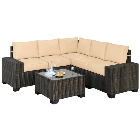6 Piece Outdoor Patio Furniture Set,L Shaped Wicker Couch with Glass Table & Beige Pillows,Patio Conversation Sets Sectional Sofa,Weaving Wicker Patio Sofa with Tea Table for Backyard, Lawn, Garden