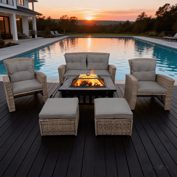 6-Piece Outdoor Patio Furniture Set,Multi-Functional 32-inch Outdoor Fire Pit,All-Weather PE Rattan Seating Setand, 4 Cushions,Suitable for Patios, Gardens, and Backyards ,Gray.