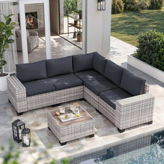 6-Piece Outdoor Patio Furniture Set, PE Wicker Rattan Sectional Sofa Conversation Set with Tempered Glass Table & Thick Cushions - All-Weather Garden, Backyard Furniture,Dark Grey
