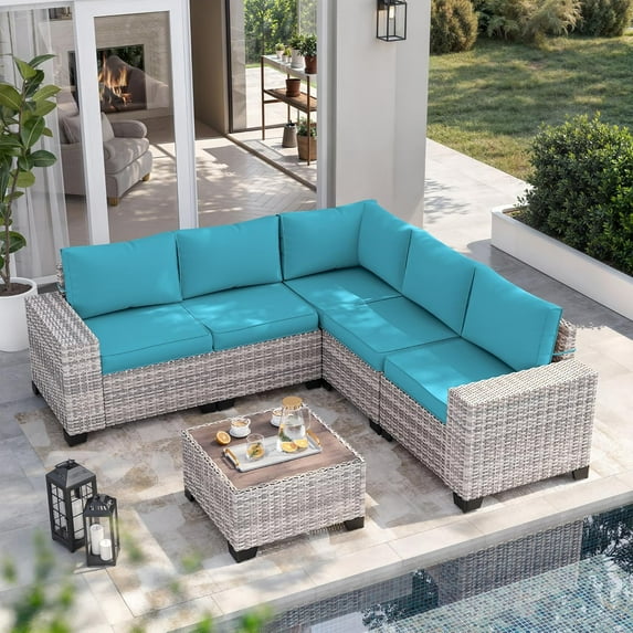 6-Piece Outdoor Patio Furniture Set, PE Wicker Rattan Sectional Sofa Conversation Set with Tempered Glass Table & Thick Cushions - All-Weather Garden, Backyard Furniture,Turquoise