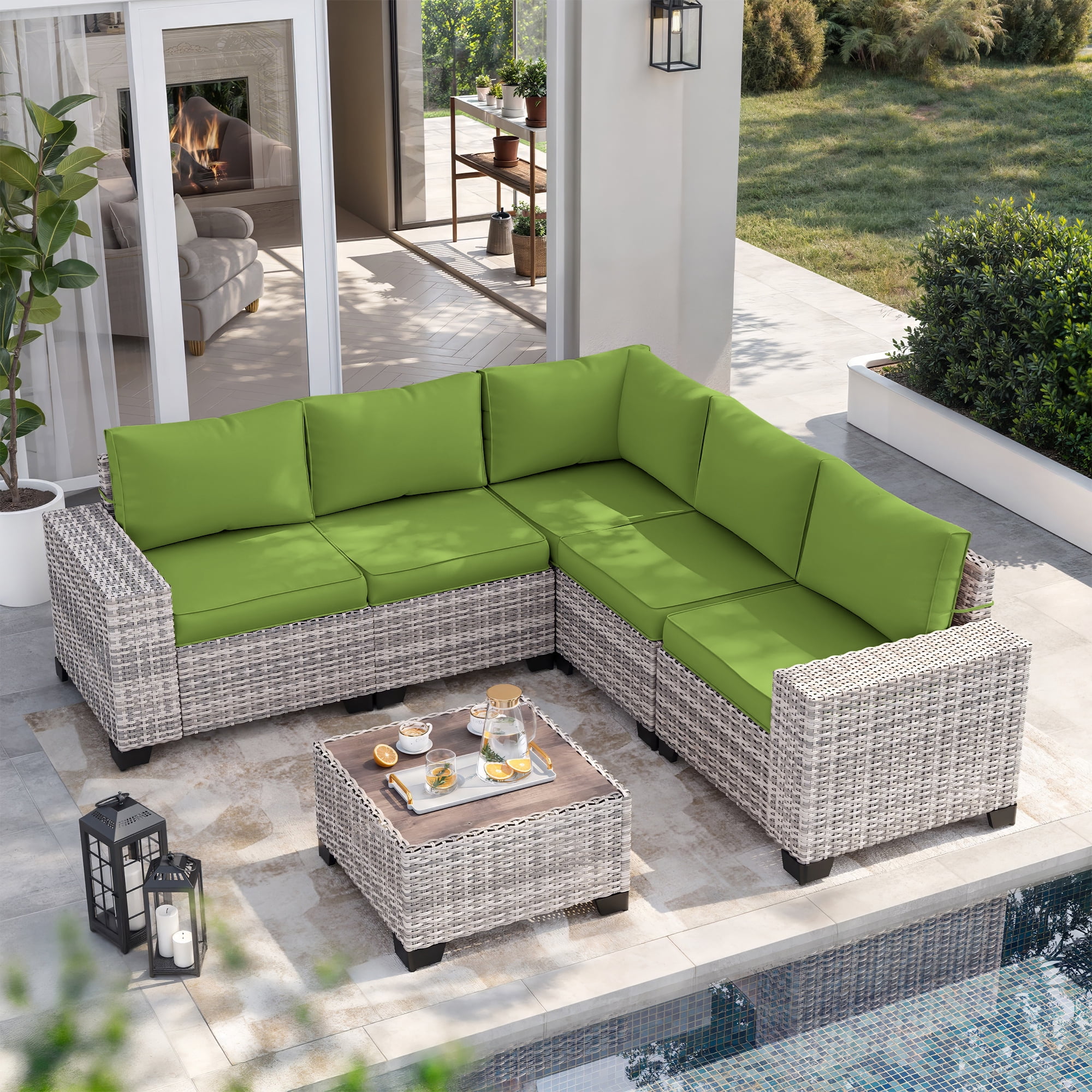 6-Piece Outdoor Patio Furniture Set, PE Wicker Rattan Sectional Sofa Conversation Set with Tempered Glass Table & Thick Cushions - All-Weather Garden, Backyard Furniture,Grass Green
