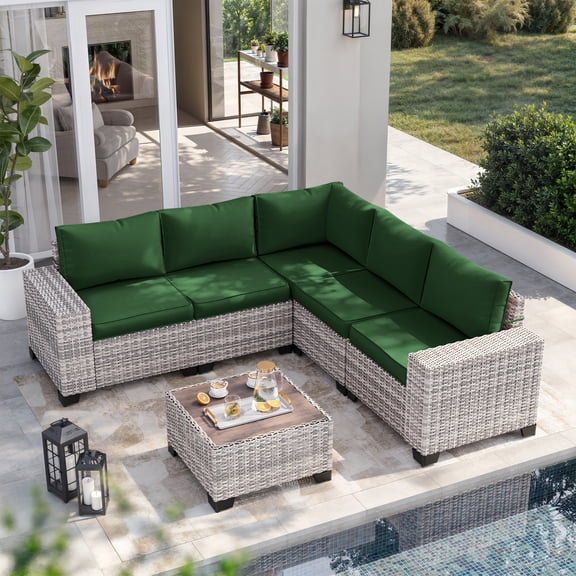 6-Piece Outdoor Patio Furniture Set, PE Wicker Rattan Sectional Sofa Conversation Set with Tempered Glass Table & Thick Cushions - All-Weather Garden, Backyard Furniture,Dark Green