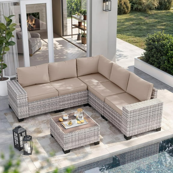 6-Piece Outdoor Patio Furniture Set, PE Wicker Rattan Sectional Sofa Conversation Set with Tempered Glass Table & Thick Cushions - All-Weather Garden, Backyard Furniture,Beige