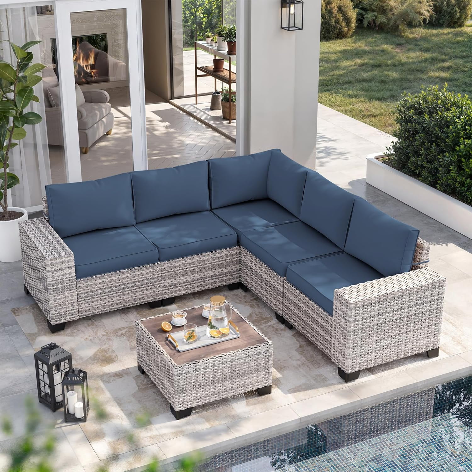 6-Piece Outdoor Patio Furniture Set, PE Wicker Rattan Sectional Sofa Conversation Set with Tempered Glass Table & Thick Cushions - All-Weather Garden, Backyard Furniture,Navy Blue