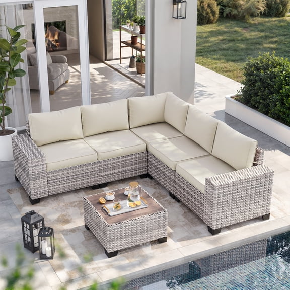 6-Piece Outdoor Patio Furniture Set, PE Wicker Rattan Sectional Sofa Conversation Set with Tempered Glass Table & Thick Cushions - All-Weather Garden, Backyard Furniture,Off-White