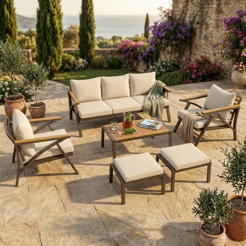6-Piece Outdoor Patio Furniture Set, Steel Frame Outdoot Sectional Sofa Set with 3-Seat Couch, 2 Armchairs, 2 Ottomans & Acacia Wood Coffee Table for Backyard, Garden, Poolside