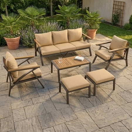 6-Piece Outdoor Patio Furniture Set, Steel Frame Outdoot Sectional Sofa Set with 3-Seat Couch, 2 Armchairs, 2 Ottomans & Acacia Wood Coffee Table for Backyard, Garden, Poolside