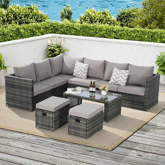 6-Piece Outdoor Patio Furniture Set, All Weather Wicker Rattan Outdoor Sofa Conversation Set with Glass Table, Cushions and Pillows, for Lawn, Backyard (Light Grey)