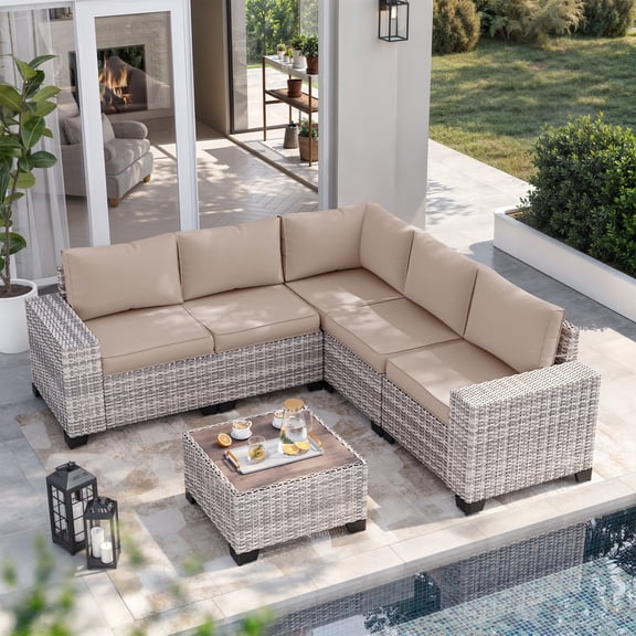 Sweecci 6 Piece Outdoor Patio Furniture Set, Ergonomic Wicker Patio Sectional Sofa with Stable Feet, 4" Cushions Conversation Set with Wood Table for Backyard Garden Deck,Beige