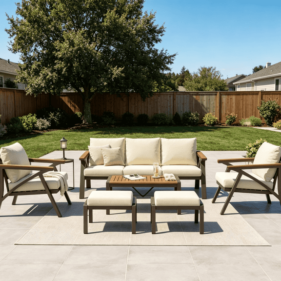 6-Piece Outdoor Patio Furniture Set with 3-Seat Sofa, 2 Armchairs, 2 Ottomans and Acacia Wood Coffee Table, Brown Cream Beige Cushion