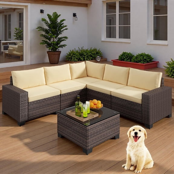6-Piece Outdoor Patio Furniture Set with Rattan Sofa and Tempered Glass Table for Garden, Porch & Backyard,Beige