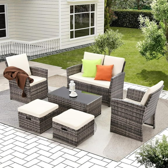 6 Piece Outdoor Patio Furniture Sets Wicker Conversation Set PE Rattan Sectional Sofa Couch with Ottomans, and Coffee Table for Backyard, Porch and Garden.